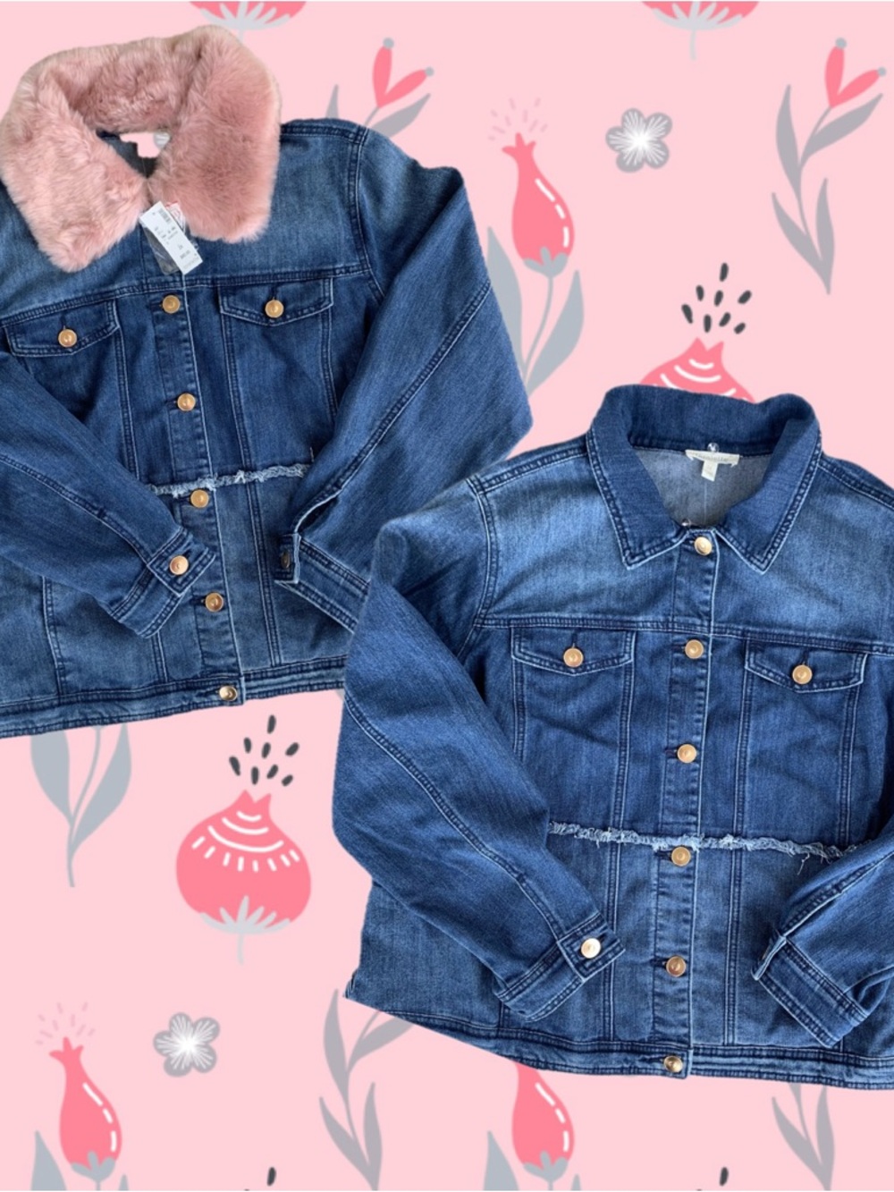 Woman’s Denim Jacket Removable Pink Faux Fur Collar For Year Round Wear NWT 2XL